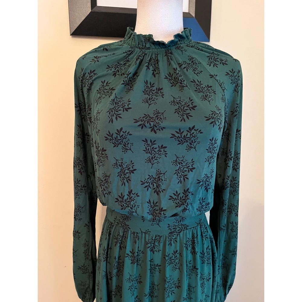 Boden Green Floral Ruffle Neck Midi Dress Long Sleeve US 4R - Picture 5 of 9